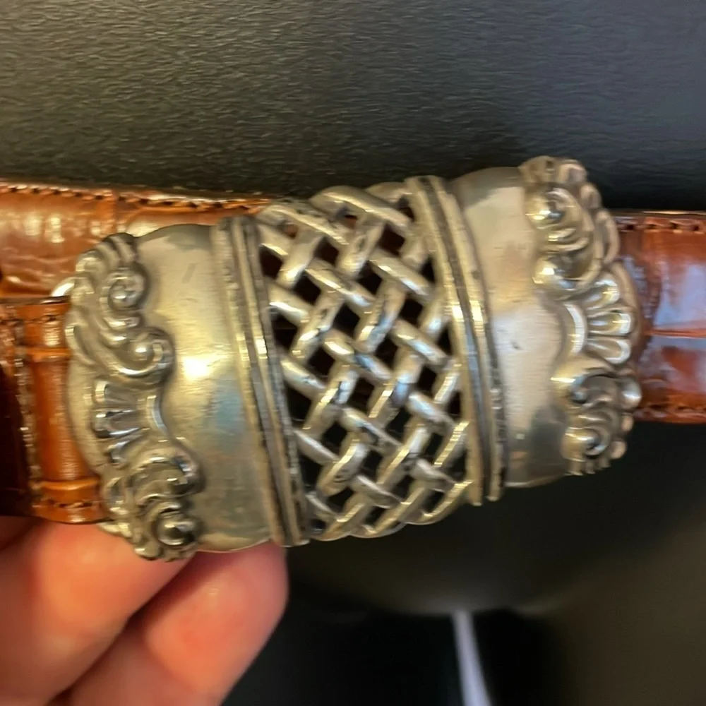Leather Vintage 1995 Brown Belt with Silver Metal Basketweave Filagree Buckle L